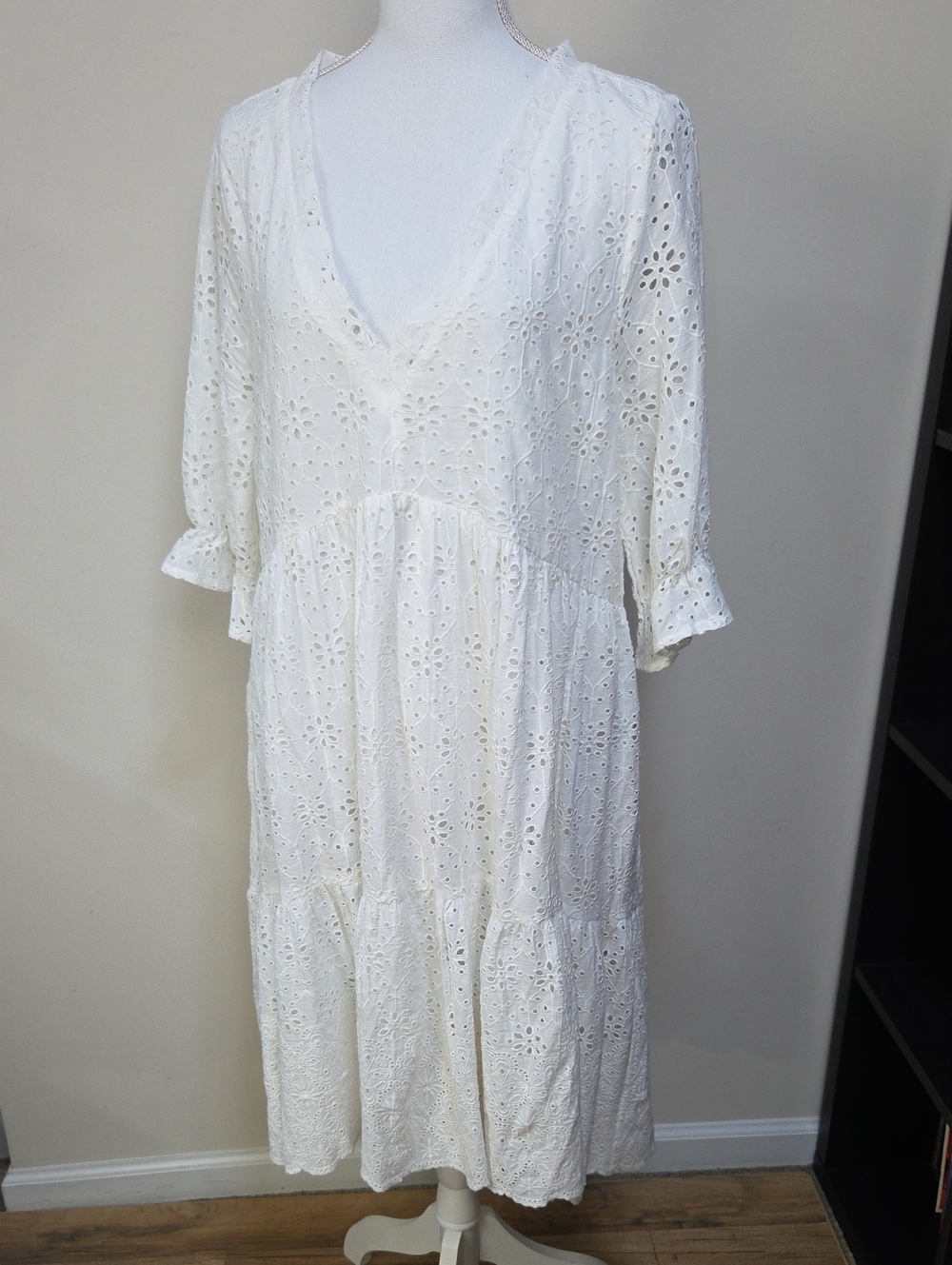 SUNDANCE JASMINE White Eyelet V-Neck Tiered Midi Dress Coastal Peasant